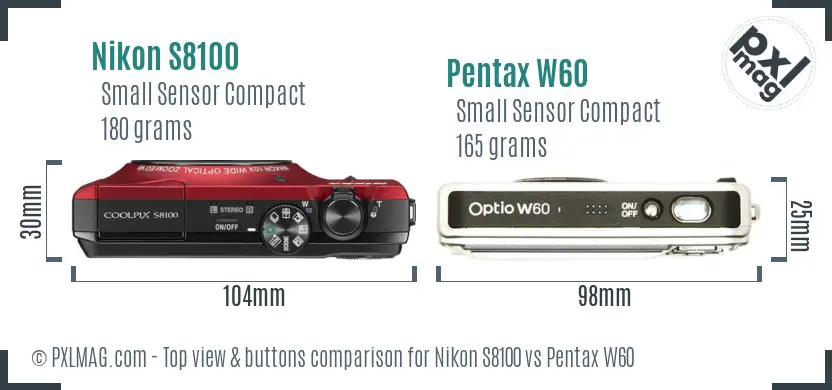 Nikon S8100 vs Pentax W60 top view buttons comparison