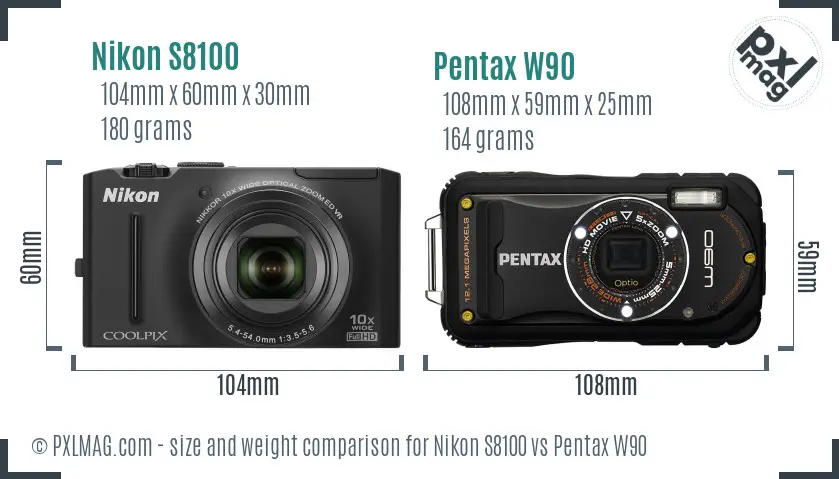 Nikon S8100 vs Pentax W90 size comparison