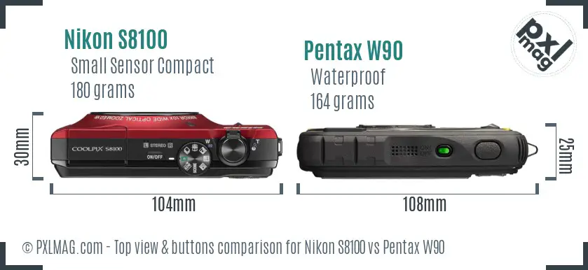 Nikon S8100 vs Pentax W90 top view buttons comparison