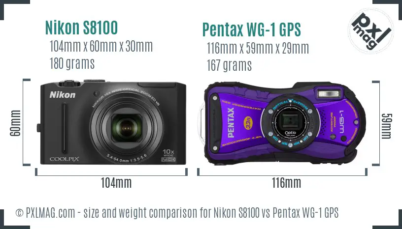 Nikon S8100 vs Pentax WG-1 GPS size comparison Nikon S8100 vs Pentax WG-1 GPS size comparison
