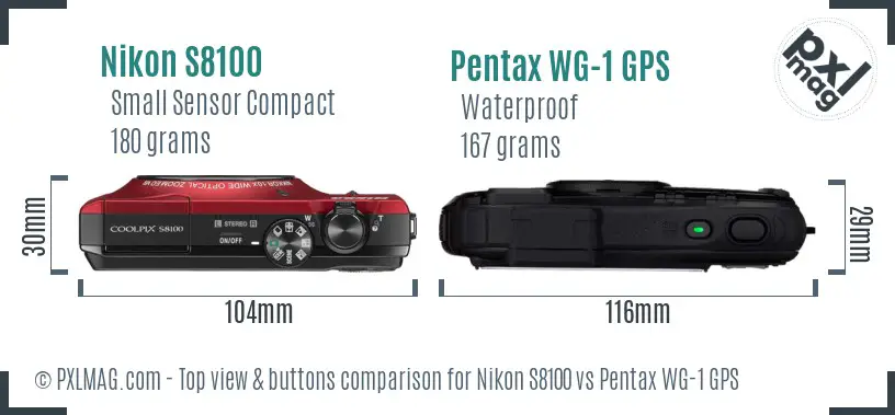 Nikon S8100 vs Pentax WG-1 GPS top view buttons comparison Nikon S8100 vs Pentax WG-1 GPS top view buttons comparison