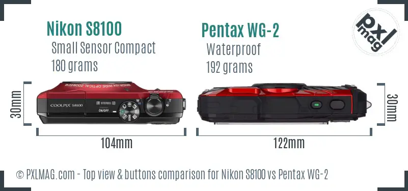 Nikon S8100 vs Pentax WG-2 top view buttons comparison
