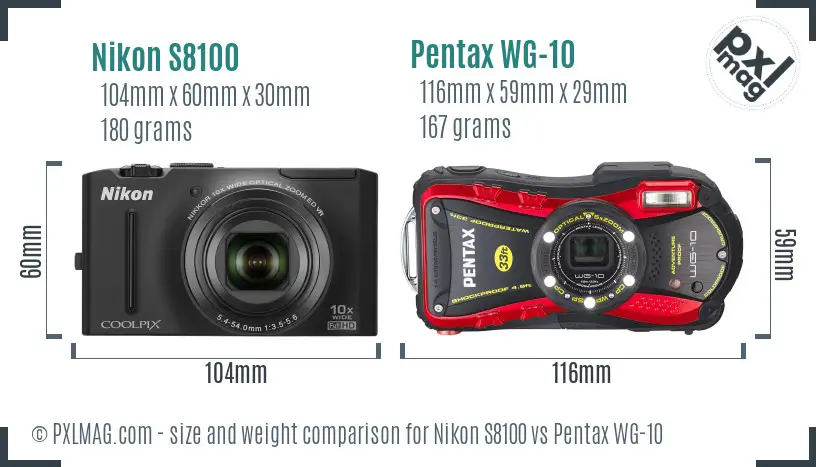 Nikon S8100 vs Pentax WG-10 size comparison