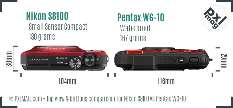 Nikon S8100 vs Pentax WG-10 top view buttons comparison