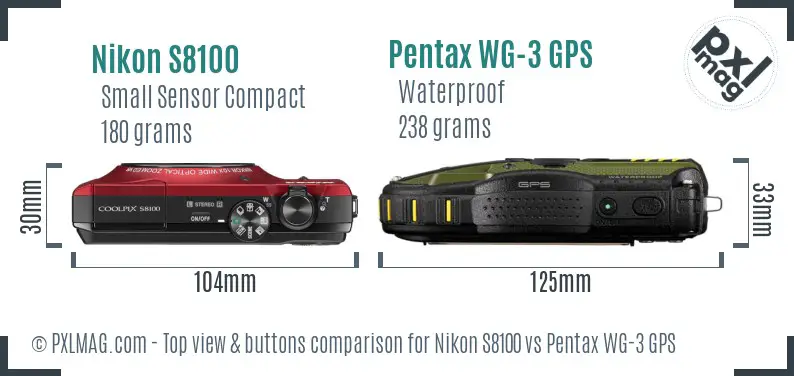 Nikon S8100 vs Pentax WG-3 GPS top view buttons comparison