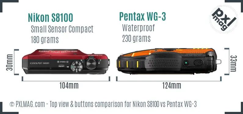 Nikon S8100 vs Pentax WG-3 top view buttons comparison