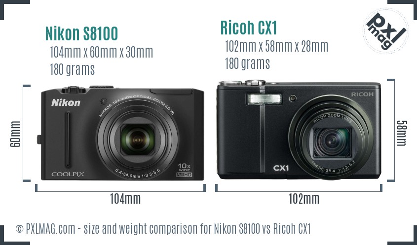 Nikon S8100 vs Ricoh CX1 size comparison