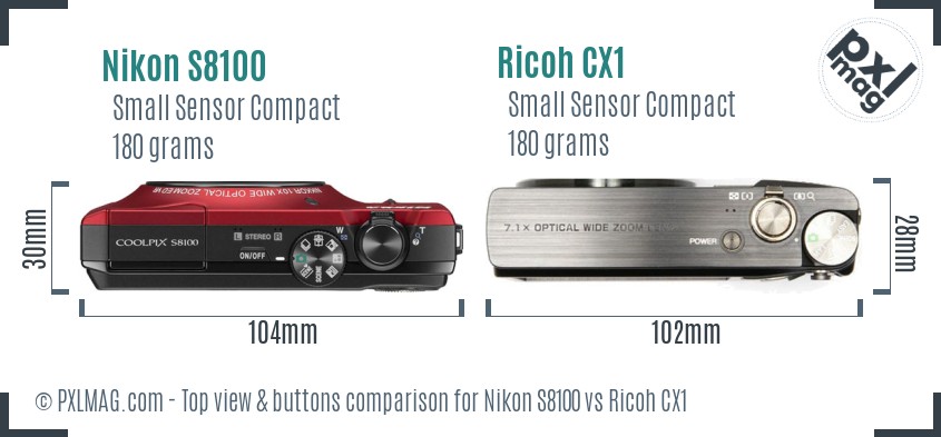 Nikon S8100 vs Ricoh CX1 top view buttons comparison
