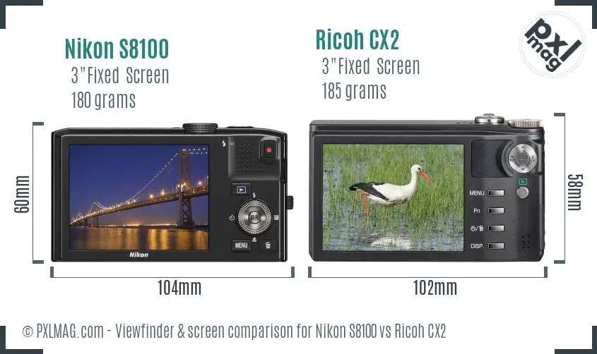 Nikon S8100 vs Ricoh CX2 Screen and Viewfinder comparison