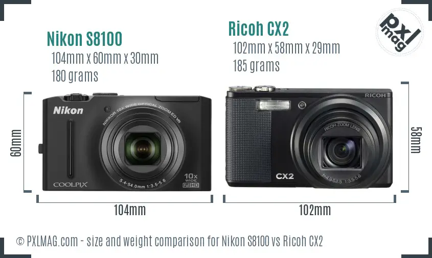 Nikon S8100 vs Ricoh CX2 size comparison