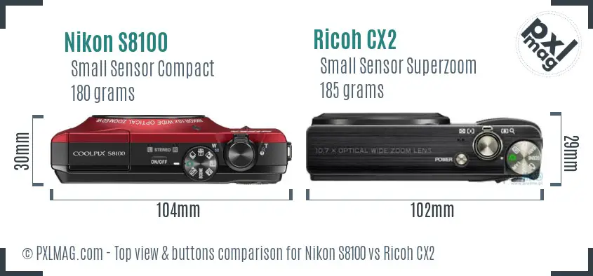 Nikon S8100 vs Ricoh CX2 top view buttons comparison