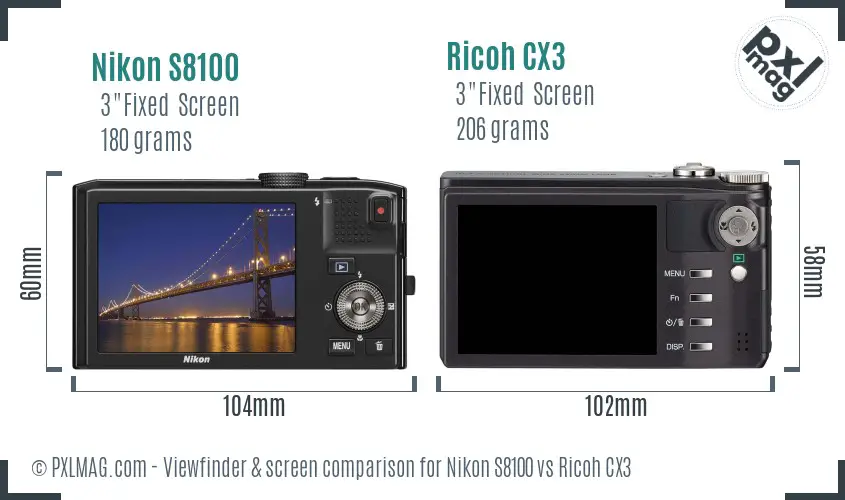 Nikon S8100 vs Ricoh CX3 Screen and Viewfinder comparison