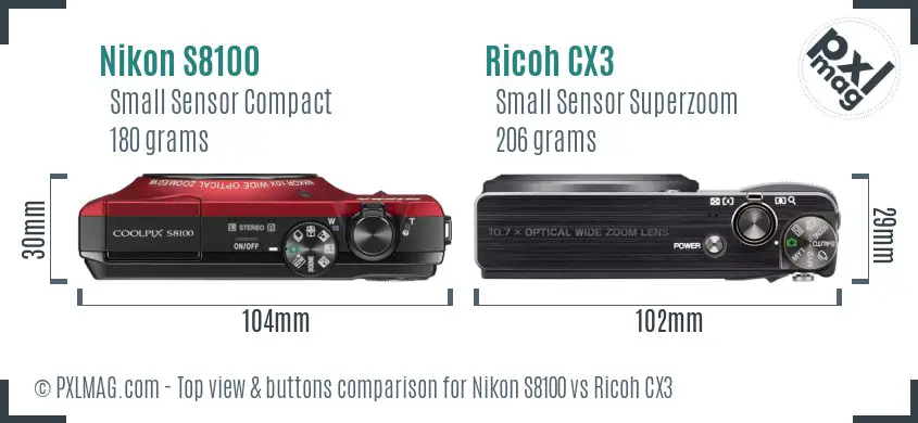 Nikon S8100 vs Ricoh CX3 top view buttons comparison