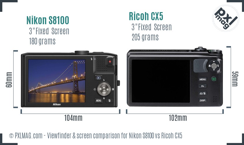 Nikon S8100 vs Ricoh CX5 Screen and Viewfinder comparison
