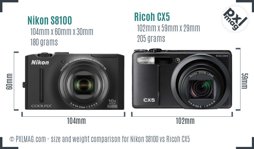 Nikon S8100 vs Ricoh CX5 size comparison