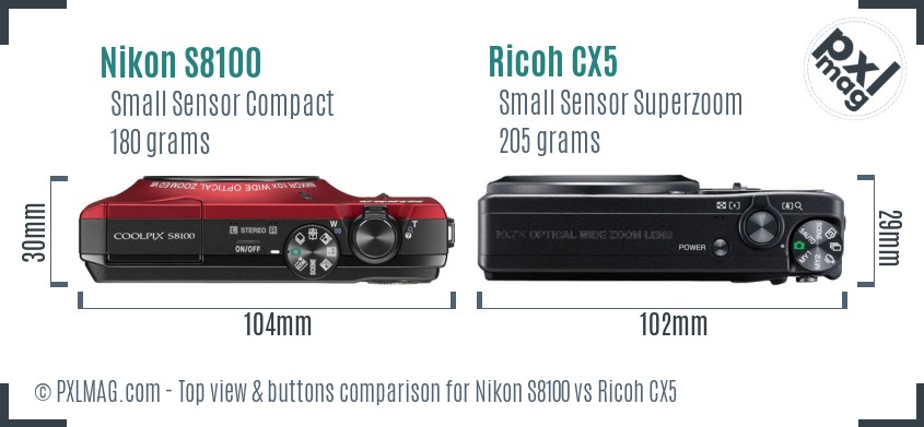 Nikon S8100 vs Ricoh CX5 top view buttons comparison