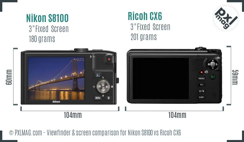Nikon S8100 vs Ricoh CX6 Screen and Viewfinder comparison