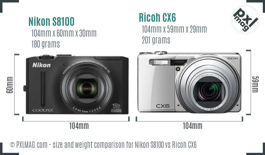 Nikon S8100 vs Ricoh CX6 size comparison
