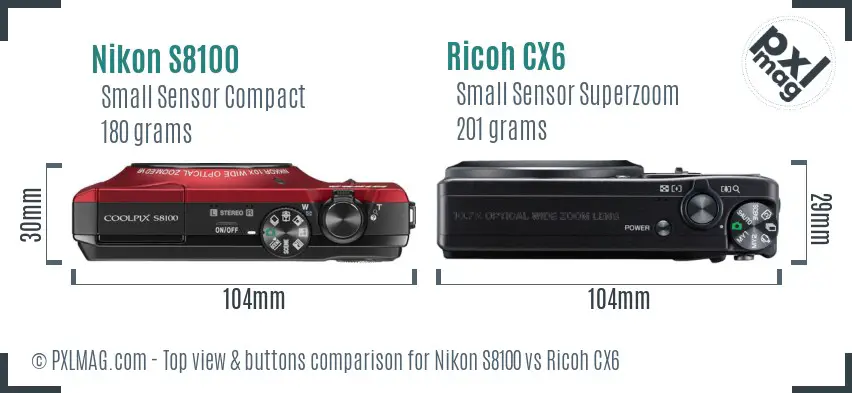 Nikon S8100 vs Ricoh CX6 top view buttons comparison