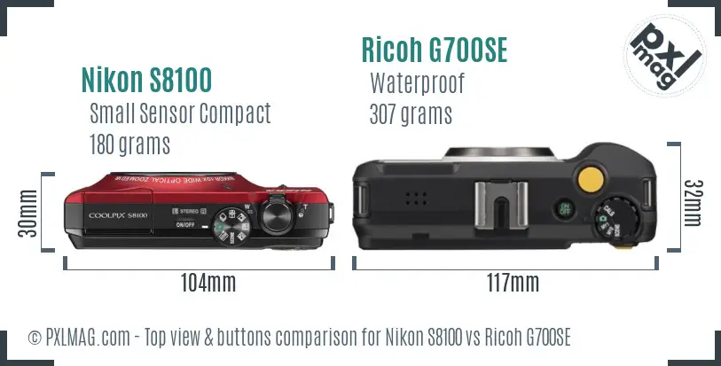 Nikon S8100 vs Ricoh G700SE top view buttons comparison Nikon S8100 vs Ricoh G700SE top view buttons comparison