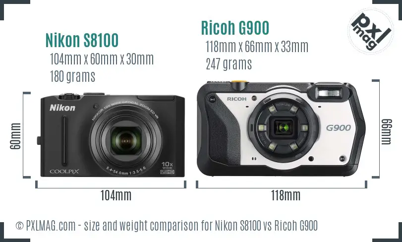 Nikon S8100 vs Ricoh G900 size comparison