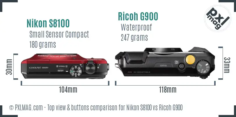 Nikon S8100 vs Ricoh G900 top view buttons comparison