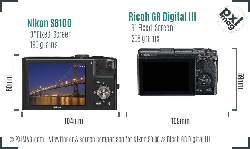 Nikon S8100 vs Ricoh GR Digital III Screen and Viewfinder comparison