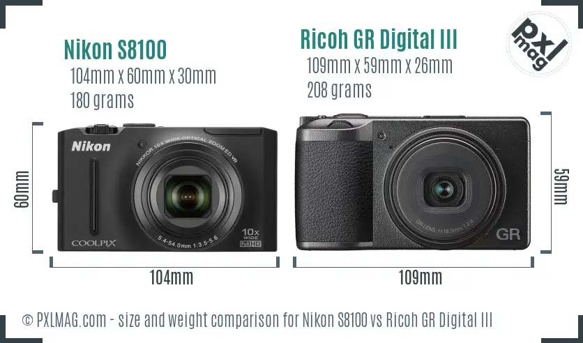 Nikon S8100 vs Ricoh GR Digital III size comparison