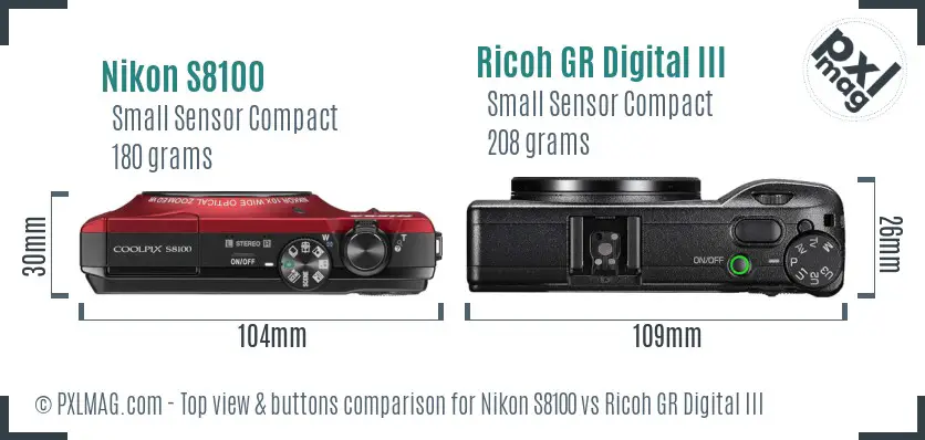 Nikon S8100 vs Ricoh GR Digital III top view buttons comparison