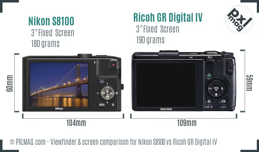 Nikon S8100 vs Ricoh GR Digital IV Screen and Viewfinder comparison