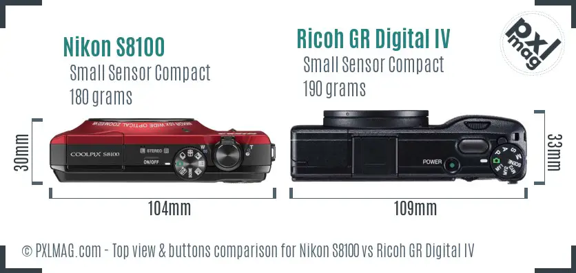 Nikon S8100 vs Ricoh GR Digital IV top view buttons comparison