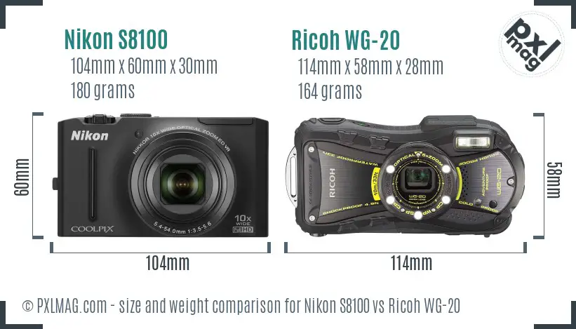Nikon S8100 vs Ricoh WG-20 size comparison
