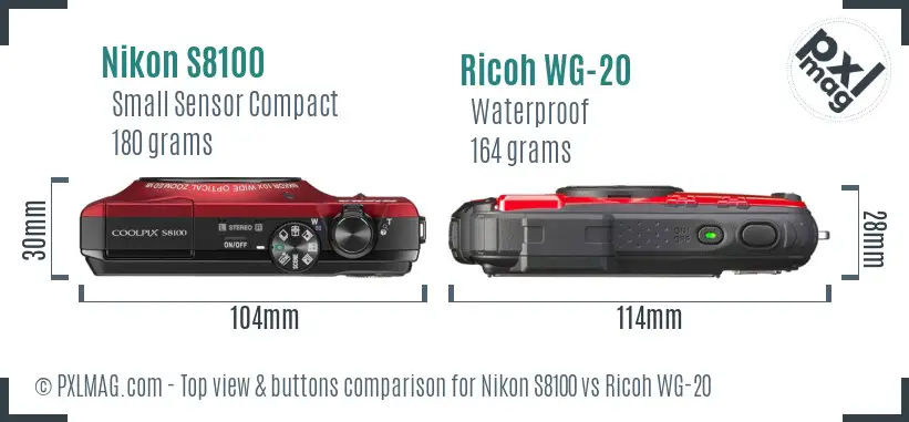 Nikon S8100 vs Ricoh WG-20 top view buttons comparison