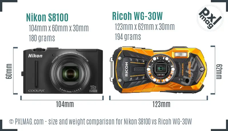 Nikon S8100 vs Ricoh WG-30W size comparison