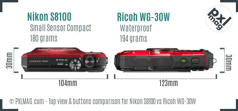 Nikon S8100 vs Ricoh WG-30W top view buttons comparison