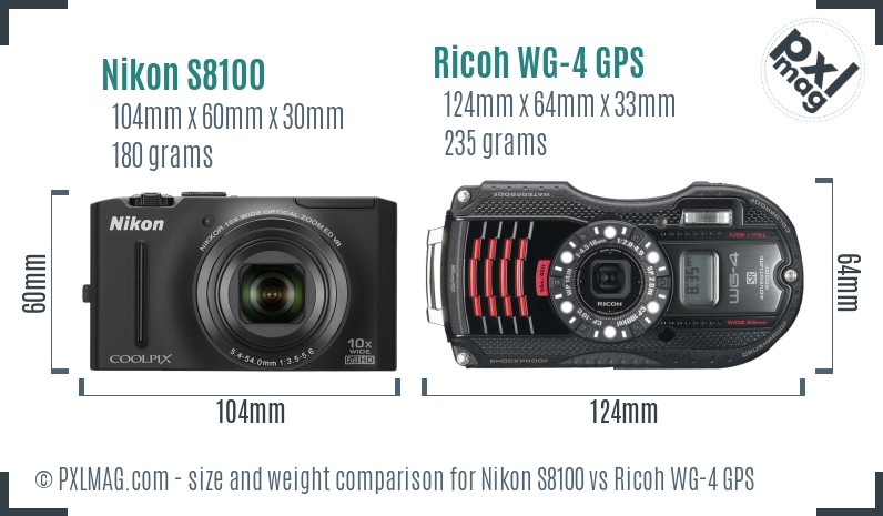 Nikon S8100 vs Ricoh WG-4 GPS size comparison Nikon S8100 vs Ricoh WG-4 GPS size comparison