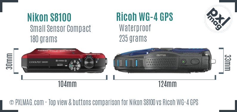 Nikon S8100 vs Ricoh WG-4 GPS top view buttons comparison
