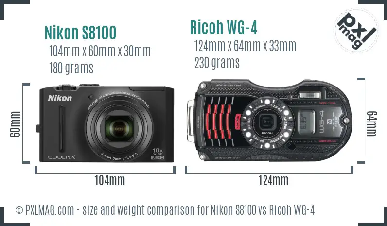 Nikon S8100 vs Ricoh WG-4 size comparison