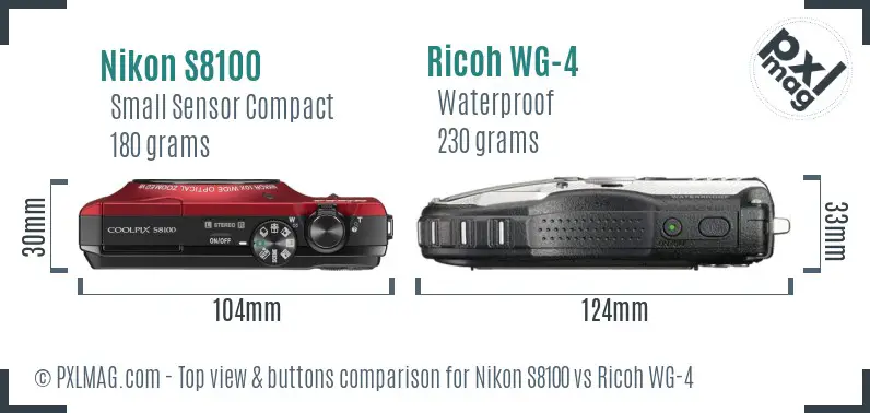 Nikon S8100 vs Ricoh WG-4 top view buttons comparison