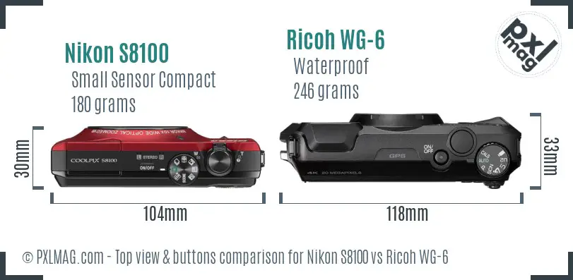 Nikon S8100 vs Ricoh WG-6 top view buttons comparison