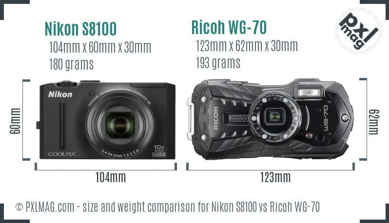 Nikon S8100 vs Ricoh WG-70 size comparison