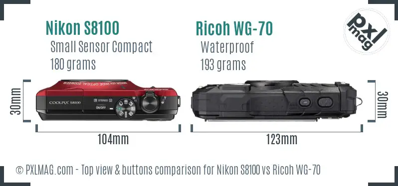 Nikon S8100 vs Ricoh WG-70 top view buttons comparison