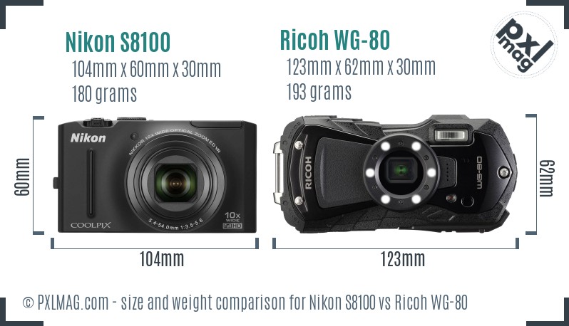Nikon S8100 vs Ricoh WG-80 size comparison