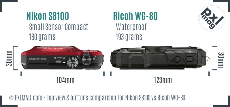 Nikon S8100 vs Ricoh WG-80 top view buttons comparison