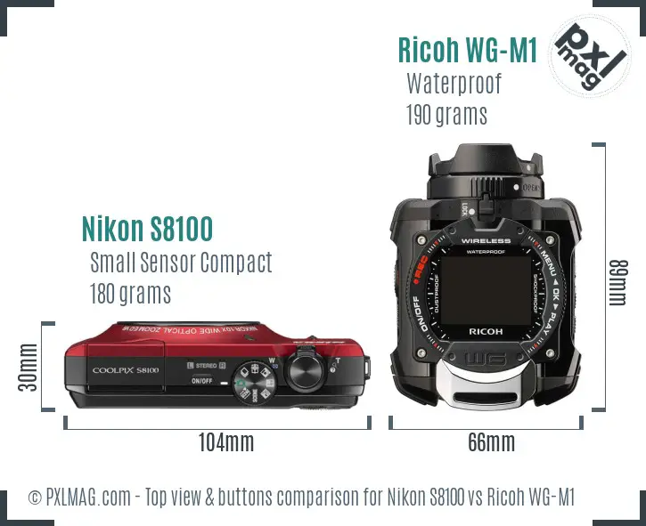 Nikon S8100 vs Ricoh WG-M1 top view buttons comparison