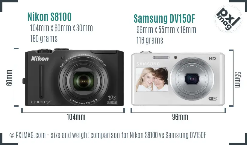 Nikon S8100 vs Samsung DV150F size comparison