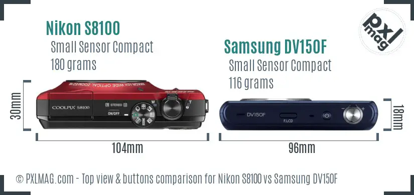 Nikon S8100 vs Samsung DV150F top view buttons comparison
