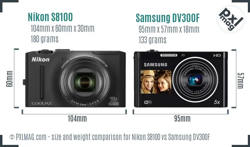 Nikon S8100 vs Samsung DV300F size comparison