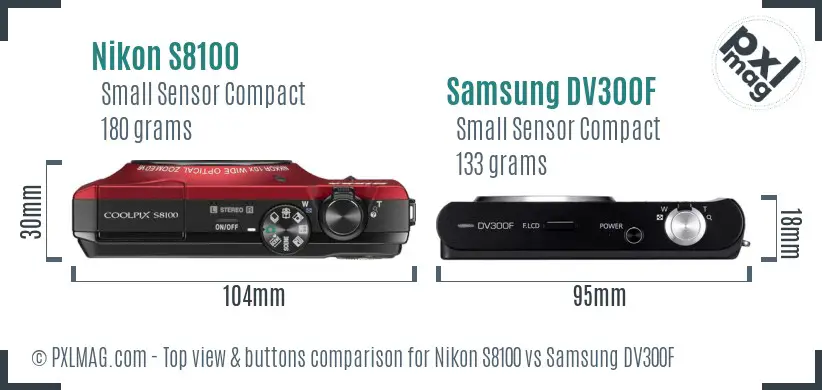Nikon S8100 vs Samsung DV300F top view buttons comparison