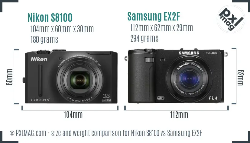 Nikon S8100 vs Samsung EX2F size comparison